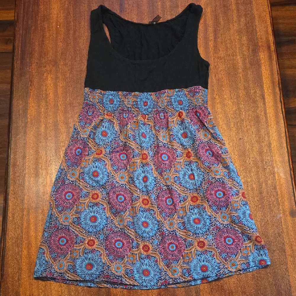 Source Unknown Black and Blue Patterned Mini Dress